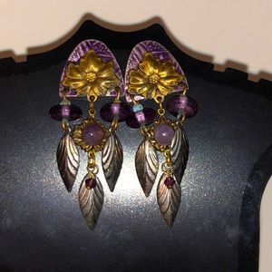 Vintage Handmade Flower and Feather Purple, Silver, Gold Tone Earrings